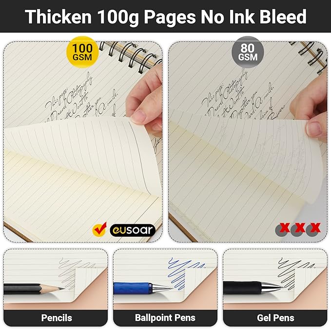 EUSOAR Spiral Notebook 5 Subject, 3pcs A4 11" x8-1/2 College Ruled Writing Pad, Thick Hardcover, 100GSM 120Sheets/ 240Pages of Lined Paper, for Journals, Students, Office and Business, Kraft