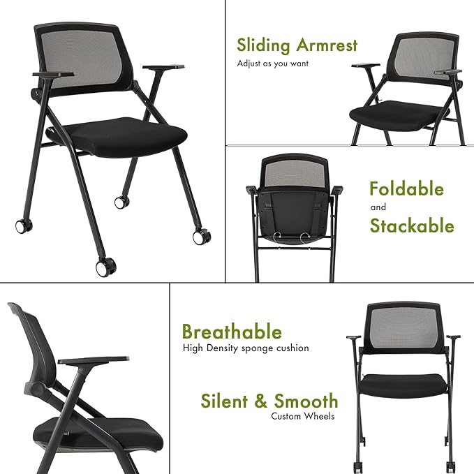 Home Office Chair Set of 4 Adjustable Armrest Ergonomic Mid-Back Breathable Mesh Foldable Conference Reception Chairs for School Waiting Room Small Space