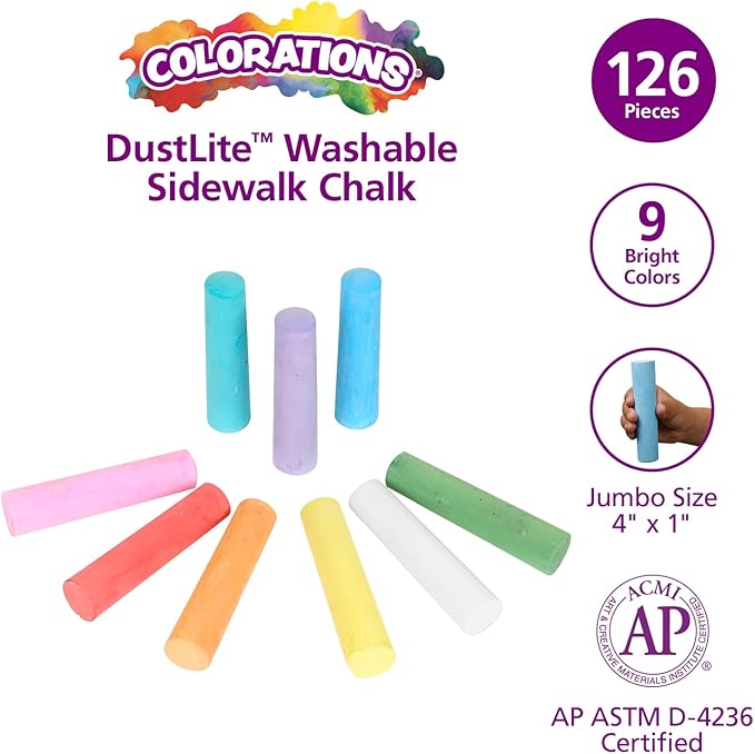 Colorations sidewalk chalk classroom pack, Assorted Set, Outdoor Play, Screen-free, Creativity, Drawing, Hopscotch, Easy to Grip, Colors & Patterns