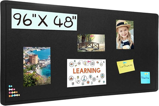 Extra Large Bulletin Board, 96 X 48 inches Cork Board with 30 Pushpin, 8' x 4' Felt Cork Board Notice Pin Board, Self-Adhesive Vision Board Mood Board Foldable Photo Board for Wall - Black