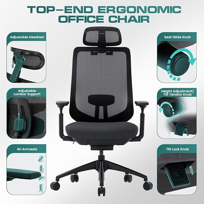 COLAMY Ergonomic Mesh Office Chair,High Back Computer Executive Desk Chair,Lumbar Support with Adjustable Headrest and 4D Arms, Slide Seat, Tilt Lock-Black
