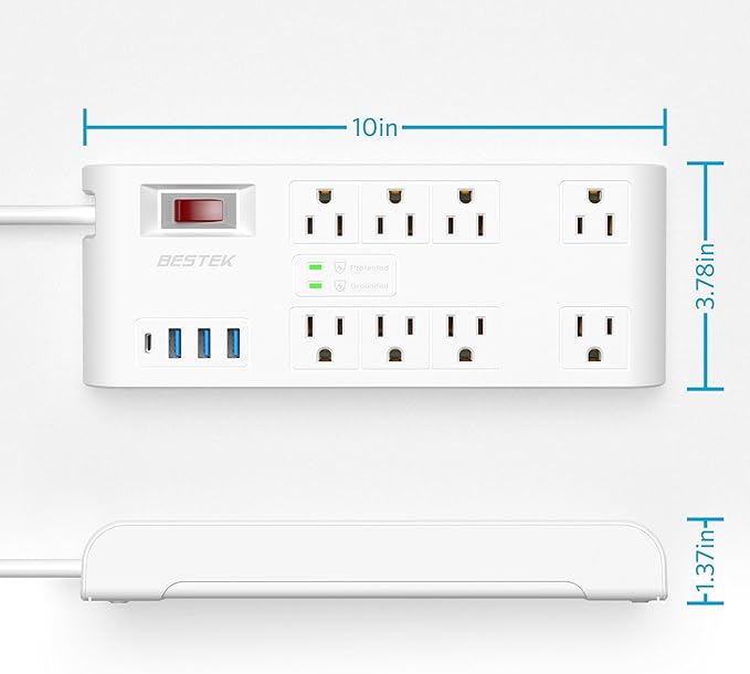 BESTEK 4,000 Joules Surge Protector with USB, Power Strips with 8 AC Outlet, 3 USB-A 2.4A 1USB-C 3A, MAX Output 1625W 13A, Long 5 Feet Heavy Duty Extension Cords 7 White
