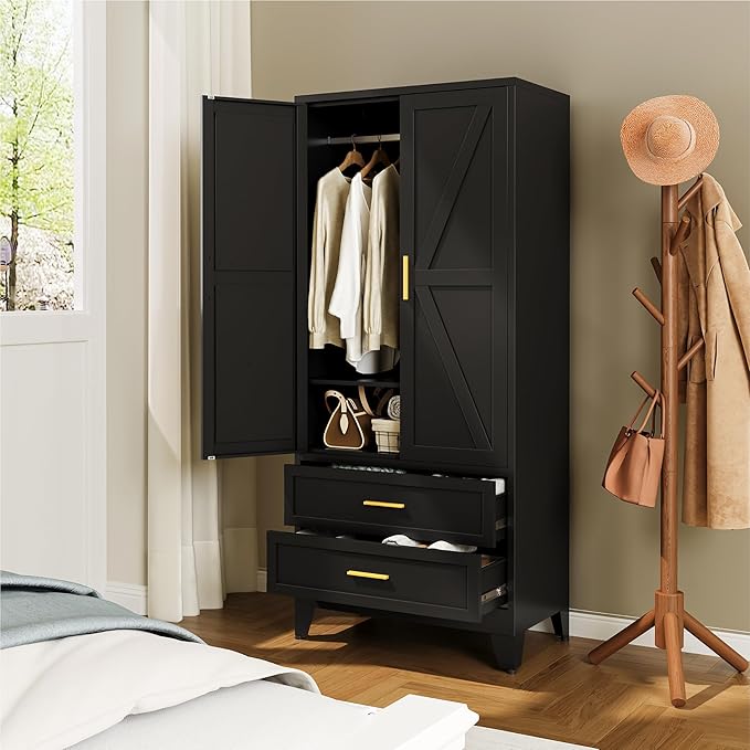 Farmhouse Wardrobe Cabinet with 2 Drawers,Metal Wardrobe Closet with Hanging Rod,Metal Armoire with Adjustable Shelves for Bedroom,Living Room, Cloak Room,Office (Blakc)