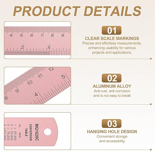 HARFINGTON 6pcs Metal Straight Ruler 15cm Metric SAE Aluminum Alloy Measuring Rulers Scale Tool with Hole for Measure Study Reading Classroom Office, Pink