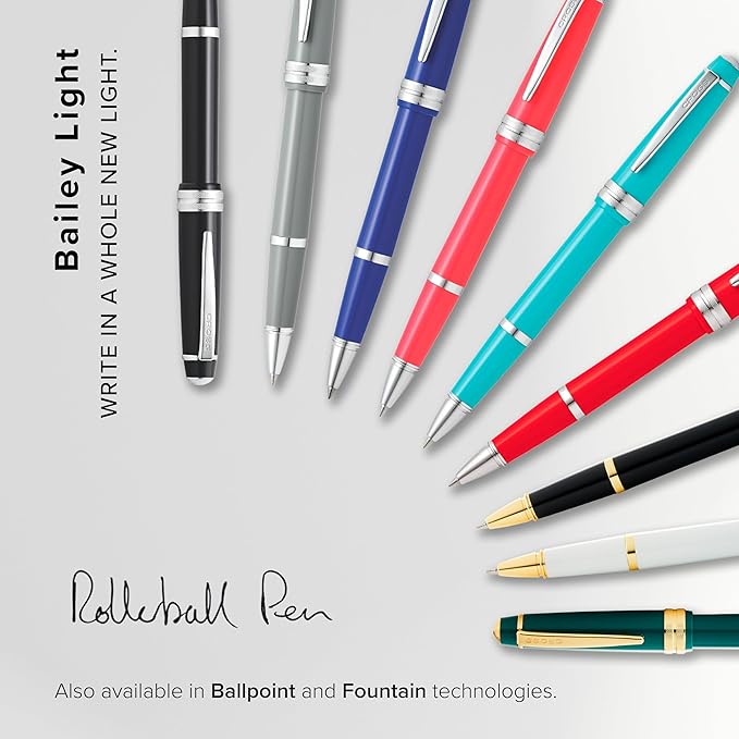 Cross Bailey Light Refillable Rollerball Pen Presented in a Everyday Gift Box - Medium Point, Black Ink, Polished Blue