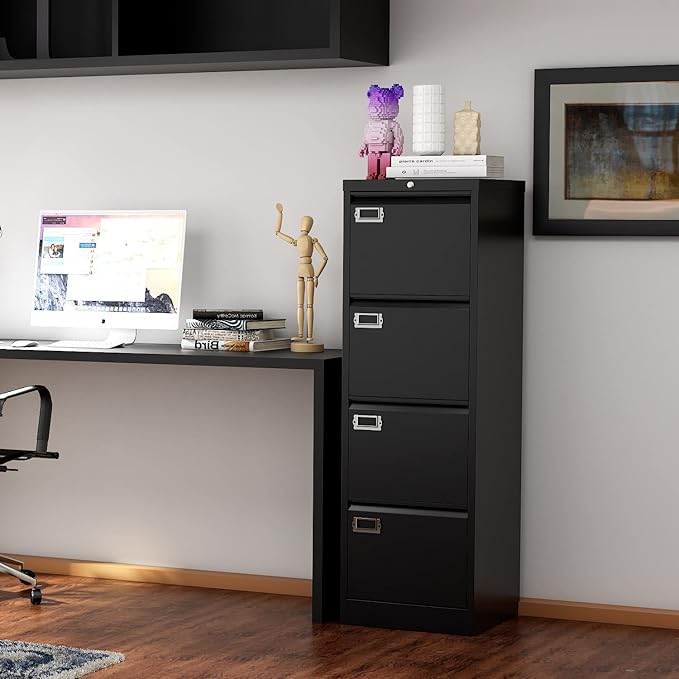 File Cabinet - 4 Drawers Vertical 17.8" Deep Lockable Filing Cabinet Black Metal Storage Cabinets for Home Office to Hanging Files Letter/Legal/F4/A4 Size