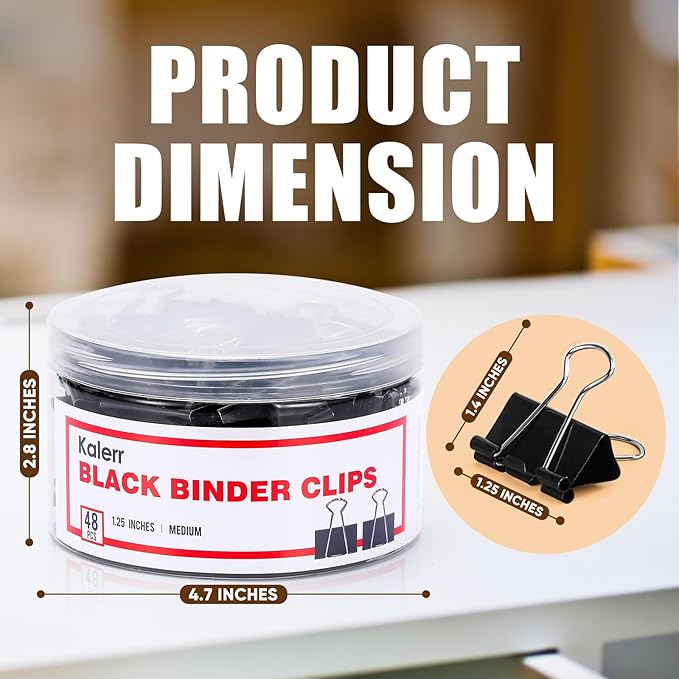 Binder Clips, 48 Pcs Medium Binder Clips, Kalerr Black Binder Clip Medium, 1.25 Inches Office Clip with Container, Paper Binder Clip Office Supplies, Paper Clamps Bulk for Office, Home, School