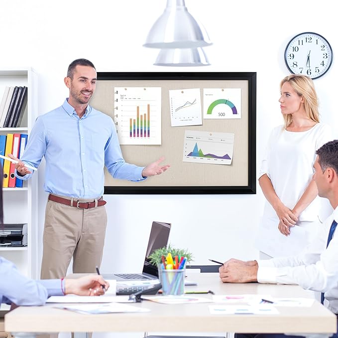 Bulletin Board Cork Board with Linen, 100% Wood Framed 30" x 20" Bulletin Board Decorations, Pin Boards for Walls, Wall Mounted Fabric Picture Board with 10 Pushpins for School, Home & Office, Black