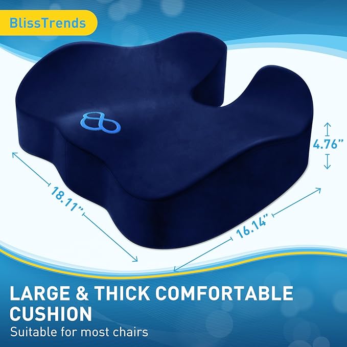 BlissTrends Seat Cushion,Thick Memory Foam Cushions for Office Chair, Car Seat, Airplane, Relieving Pressure Tailbone Sciatica Back Pain for Long Sitting Office Workers, Car Drivers 4.7in Thick Blue