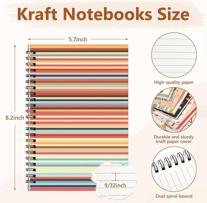 Fuutreo 12 Pcs Spiral Notebook for Work A5 8.3 x 5.7 Inch College Ruled Spiral Journal Notebook Kraft Cover Ruled Paper, 12 Color, 60 Sheets, 120 Pages for Office School(Retro Geometry)