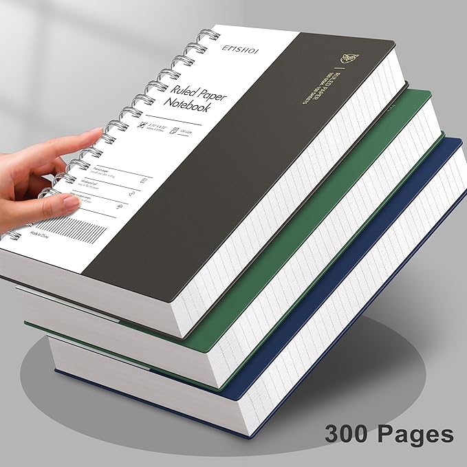 EMSHOI A5 Spiral Notebook College Ruled Lined Journal, Small 5.7" X 8.22", 300 Pages/150 Sheets, 100gsm Thick Paper, Waterproof Hardcover, for Office School Women Men Work Writing Notes, Coffee