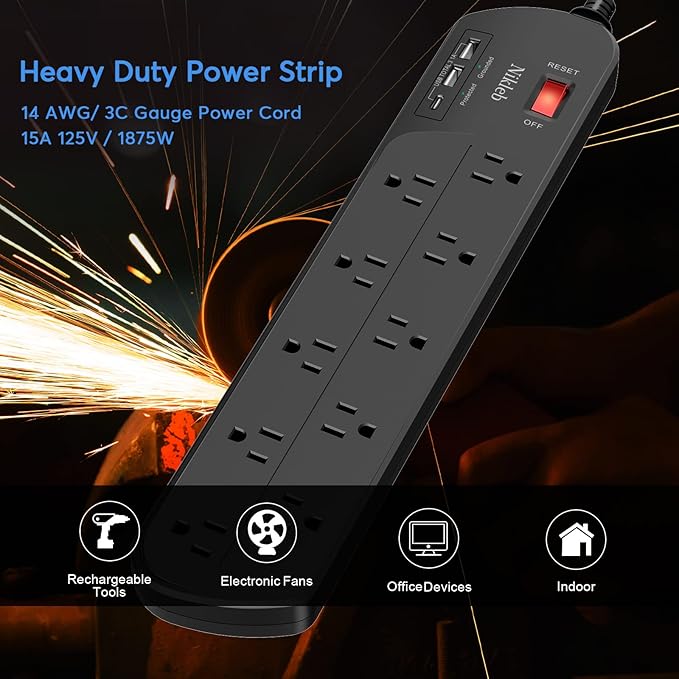 Extension Cord with Multiple Outlets, Surge Protector Power Strip with USB, 6ft Power Cord, 10 Wide Outlets, 2 USB+1 USB C Fast Charging Ports, Wall Mount, Heavy Duty, Home, Office Accessories