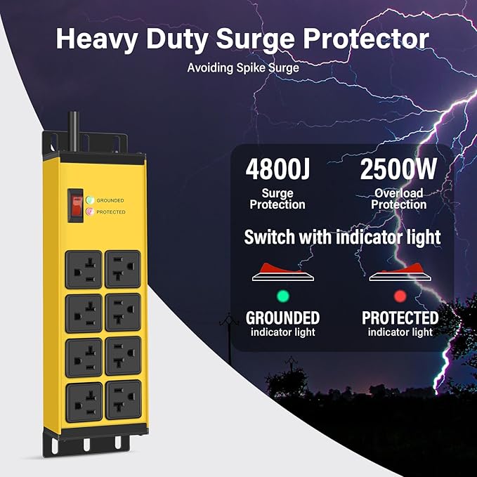 CCCEI Yellow Heavy Duty Power Strip Surge Protector 20 AMP, 8 Outlets 12 Gauge Industrial Shop Garage Metal Multiple Outlets, 20 FT Extension Cord 5-15P Adapter High Amp 6-20R T-Slot 20a for Appliance