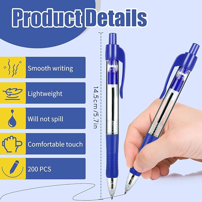 Blcculi 200 Pack Retractable Ballpoint Pens Bulk,1.0 mm Medium Point Pen,Blue Gel Ink Pens,Smooth Writing Pens with Comfortable Grip for Office Supplies Journal Writing (Blue Ink)