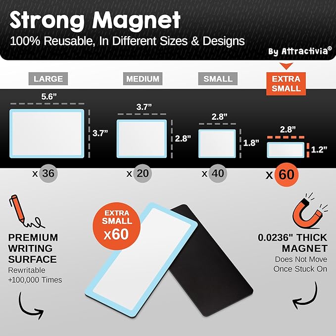 Dry Erase Magnetic Labels 2.8 x 1.2 in, Color Borders, Dry Erase Magnets, 60-Pack, White Erasable Write-On All-Purpose Labels, for Office, Education, Home, Whiteboard, Magnetic Name Tags