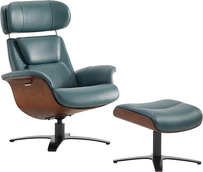 CHITA Genuine Leather Reclining Swivel Chair with Adjustable Headrest and Ottoman for Living Room, Teal