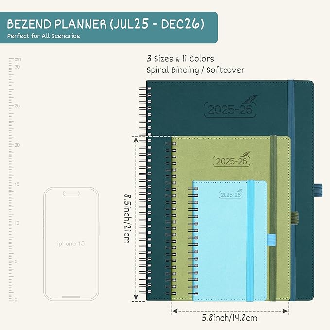 BEZEND Planner 2025-2026 Weekly and Monthly, 5.8" x 8.5" Academic Calendar (Jul 25-Dec 26) Vertical Daily Appointment with Hourly Timeslot & Monthly Tab, Spiral, PU Leather Softcover - Black