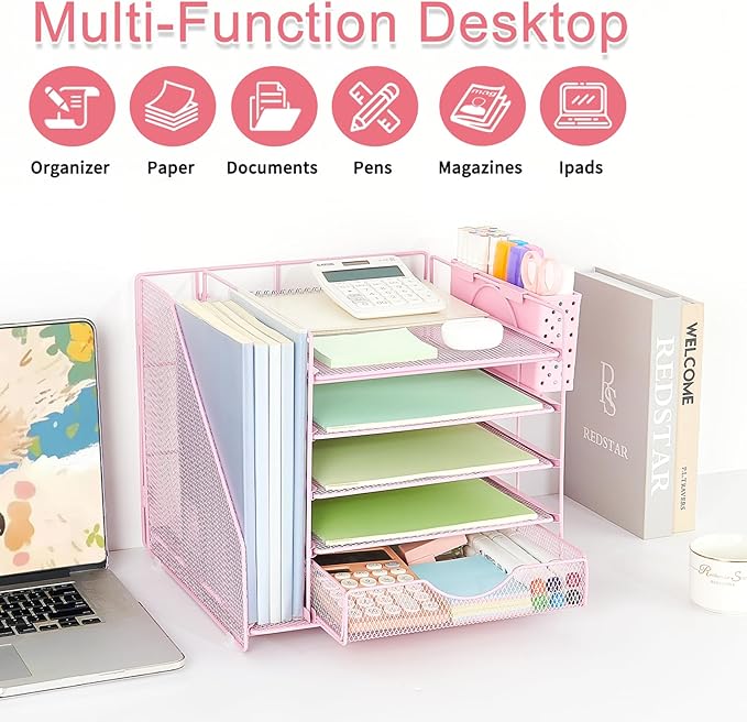 Desk Organizer with Drawer and Pen Holder, 5-Tier Paper Letter Tray Organizer with File Holder, Suitable for Workspace Organizer Office Supplies Storage (Pink)