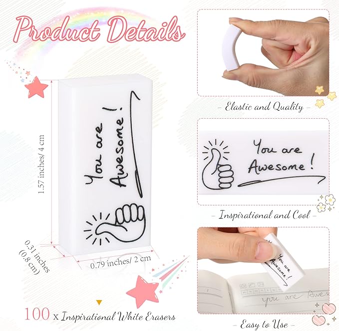 Fuutreo 100 Pcs Welcome Back to School Gifts for Students Inspirational Pencil Erasers Bulk You are Awesome White Cute Fun Erasers First Day of School Gifts Classroom Prizes from Teachers