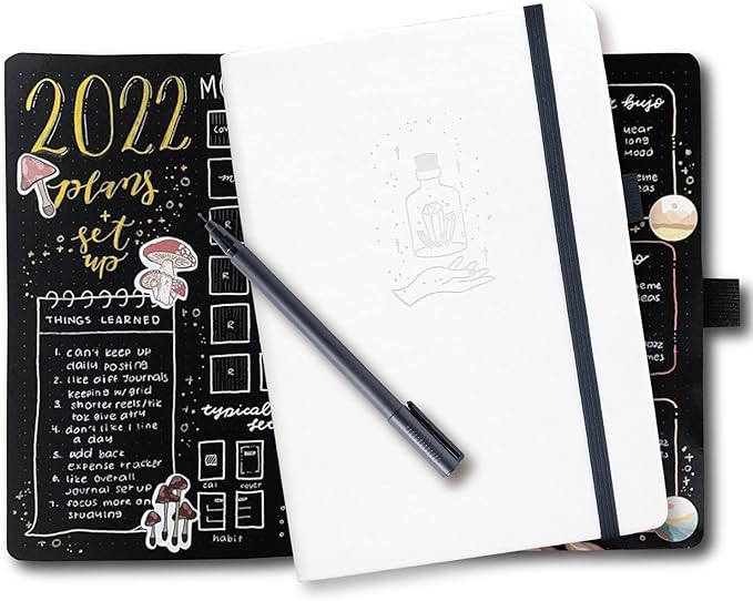 BUKE Dotted Journal A5 Hardcover Notebook- 160 Dot Grid Pages 150g Black Paper - Black PU Leather Hardcover 5.75" x 8.5" and Gift Box Mystery Bottles (BKB-2)