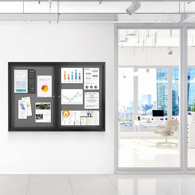 Enclosed Bulletin Board Outdoor Noticeboard with Locking Door, Weather-Resistant, Grey Felt, Black Aluminum Frame, 48 x 34 in