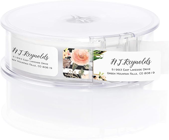 Black and White Stripe Floral Rolled Address Labels/Roll of 500 Personalized Return Address Labels/Designer Return Address Stickers in Elegant Plastic Dispenser