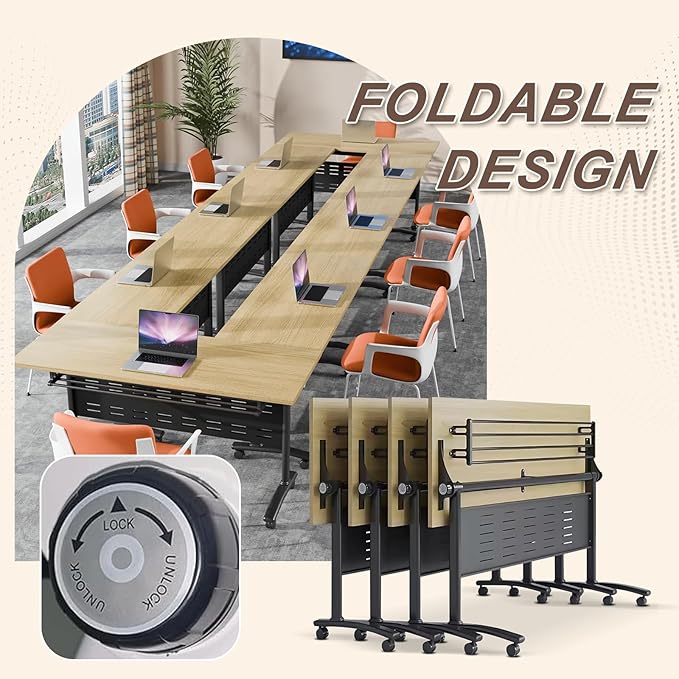 Folding Conference Room Table, Modern Conference Tables with Wheels, Large Rectangular Mobile Training Tables for Office Classroom, Foldable Modular Boardroom Seminar Table Maple (4pack L47.2in)