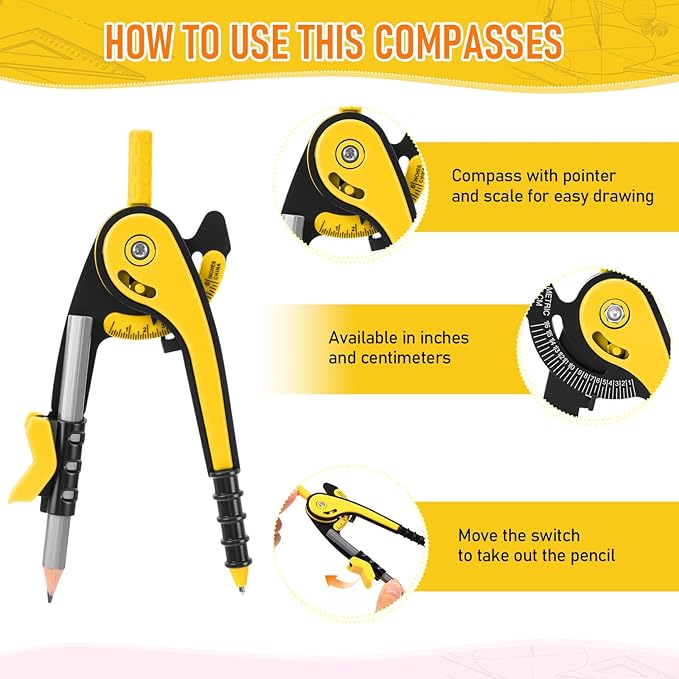 EBOOT Student Geometry Math Set, Drawing Compass and 6 Inch Clear Swing Arm Protractors 180 Degree Math Protractor (Yellow)