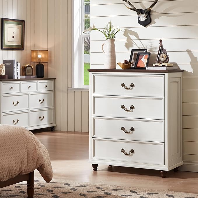 Farmhouse 4 Drawer Dresser Set of 2 for Bedroom, 37" Tall Rustic Chests of Drawers w/ 4 Solid Wood Feet, Mid Century Vintage Wooden Closet Storage Dressers Organizer for Living Room, White