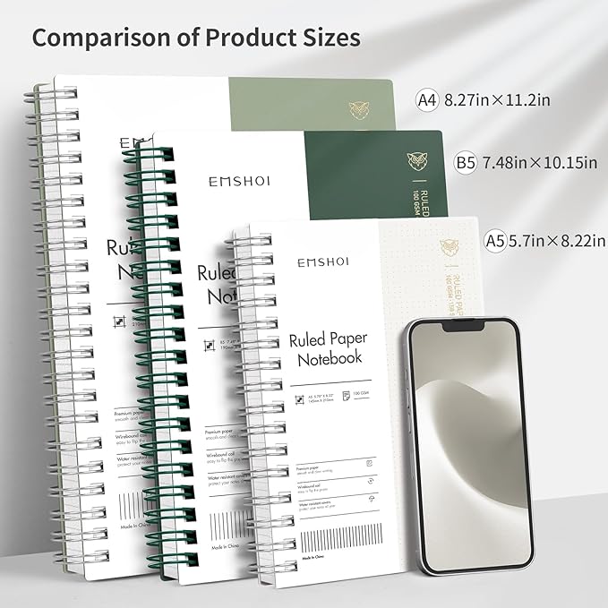 EMSHOI Lined Spiral Journal Notebook, B5 College Ruled Notebook, 300 Pages/150 Sheets, 100gsm Acid-Free Paper, Waterproof Softcover Notebook for School, Work, Note Taking, 7.48" × 10.15" - Transparent