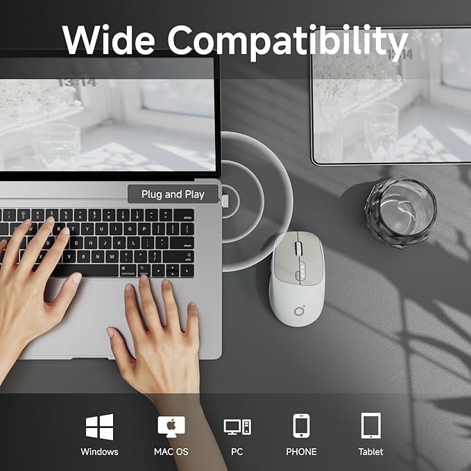 EWEADN Q5 Wireless Mouse, Bluetooth & 2.4G Quiet Computer Mouses with 1600 DPI, Battery Level Display, Ergonomic Office Mouse,6 Button Portable Cute Cordless Mice for Laptop/PC/Mac- Grey