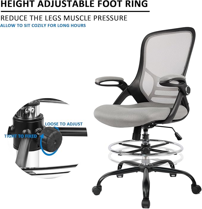 HYLONE Drafting Chair, Tall Office Chair Standing Desk Chair Grey Mesh High-Back Drafting Stool with Flip-Up Arms, Adjustable Foot Ring
