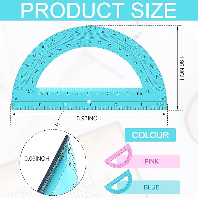 Ctosree 12 PCS Bulk Protractor - Plastic Translucent 180 Degrees 6 Inch Clear Math Protractor Set for Geometry, Angle Measurement, Office Stationery, Pink & Blue