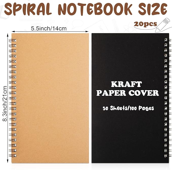 Eersida 20 Pack A5 Spiral Notebook College Ruled Spiral Notebook Bulk 5.5 x 8.3 Inch Hardcover Notepads Lined Travel Writing Journal Notepad, 50 Sheets 100 Pages(Black, Kraft)