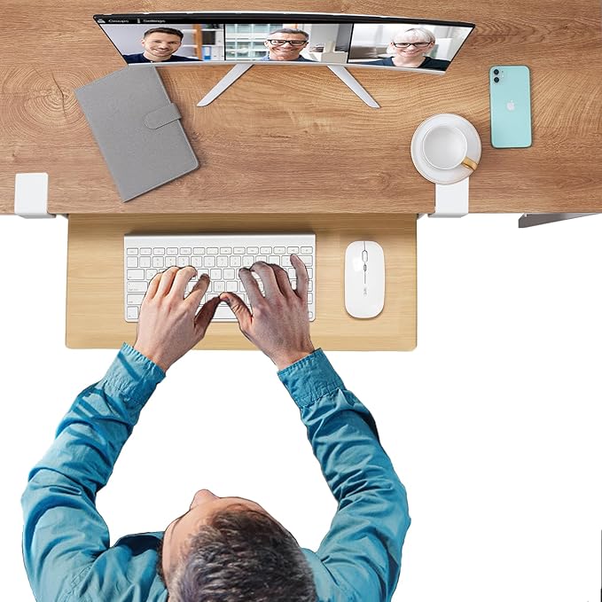 ETHU Keyboard Tray Under Desk, 19.7" X 12.2" Small Size C Clamp Keyboard Drawer Under Desk, Computer Keyboard Stand Slide Pull Out, Ergonomic Keyboard Tray for Home, Office (Oak)