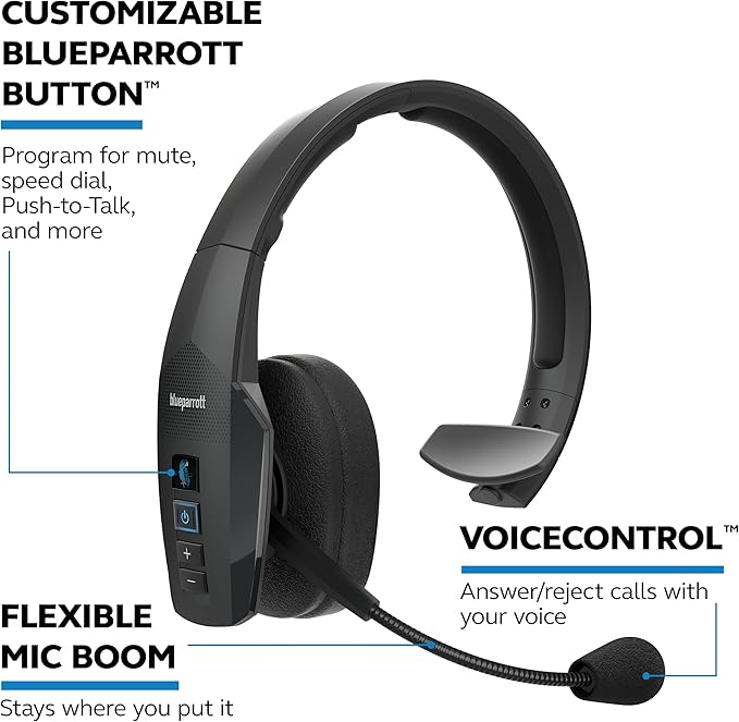 BlueParrott B450-XT Mono Bluetooth Wireless Headphones 96% Noise Canceling Over Head Trucker Headset with Mic, All Day Comfort Padded Headband, 300 ft. Wireless Range, 24 hrs. Talk Time, Black