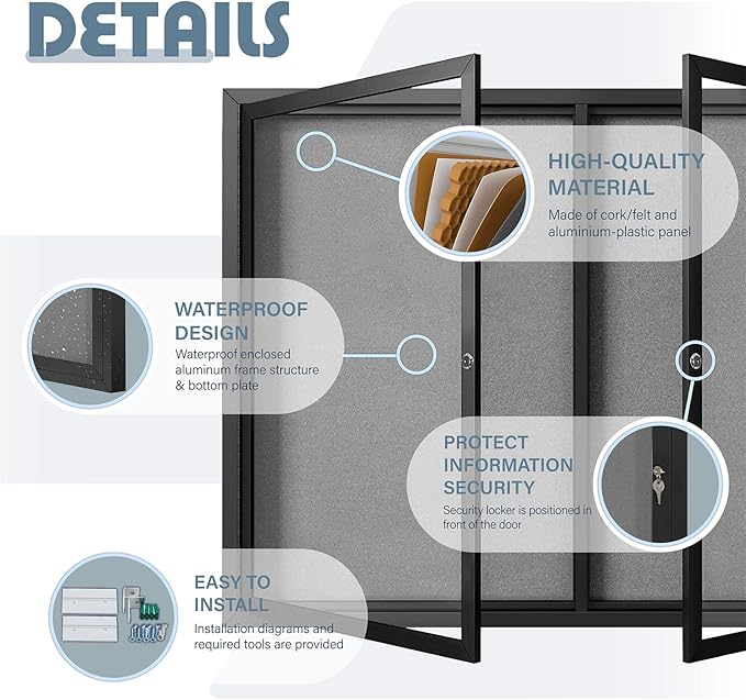 Enclosed Bulletin Board Outdoor Noticeboard with Locking Door, Weather-Resistant, Grey Felt, Black Aluminum Frame, 70 x 36 in