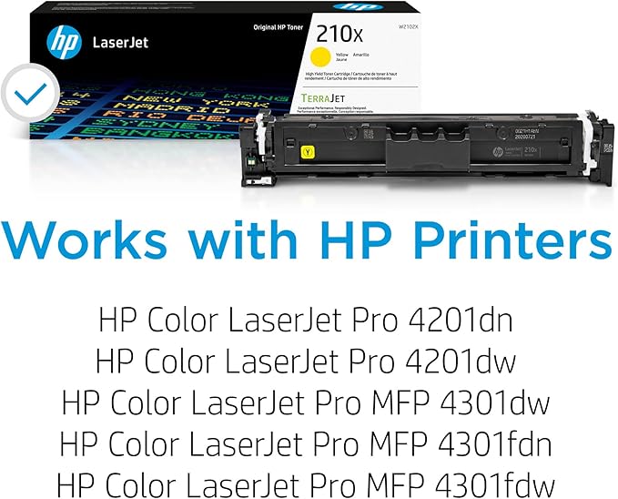 HP 210X Yellow High-Yield Toner Cartridge | Works Color Laserjet Pro 4201, Color Laserjet Pro MFP 4301 Series | W2102X