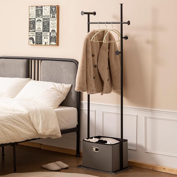 Coat Rack Freestanding with Storage Basket Heavy Duty Clothes Rack Marble Base Modern Coat Stand for Bedroom Living Room Hotel 13.39" D x 19.69" W x 68.9" H (Black)