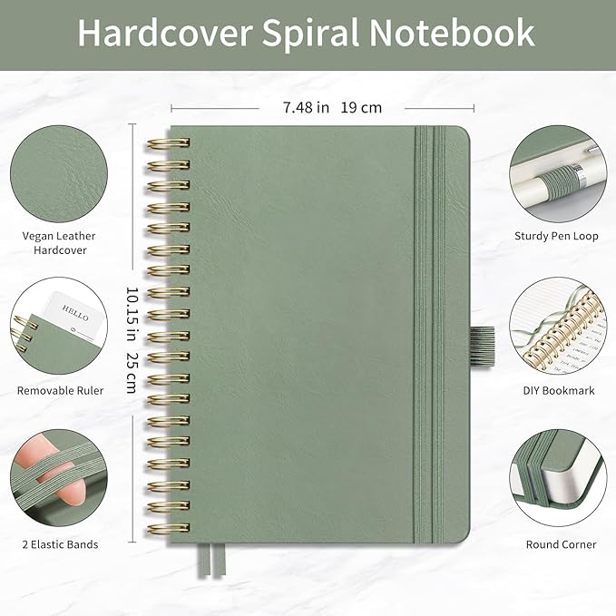 EMSHOI Spiral Notebook College Ruled, 300 Numbered Pages, B5 Large Hardcover Leather, 100 GSM Thick Lined Journal for Women Men Work Writing Journaling Note Taking, 7.48" x 10.15", Light Green
