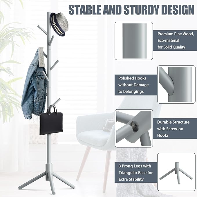 Haddockway Wooden Coat Rack Stand with 8 Hooks New Zealand Pine 3 Adjustable Coat Standing Tree Easy Assembly for Coats, Hats, Scarves and Handbags for Entryway, Hallway, Bedroom, Office
