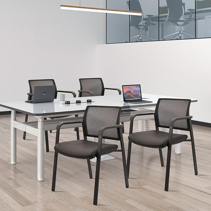 CLATINA Stackable Office Chair, Mesh Back Guest Chairs with Comfortable Leather Seat Arms Stacking Ergonomic Desk Chair No Wheels for Conference Waiting Reception School Stationary, Black, Set of 4