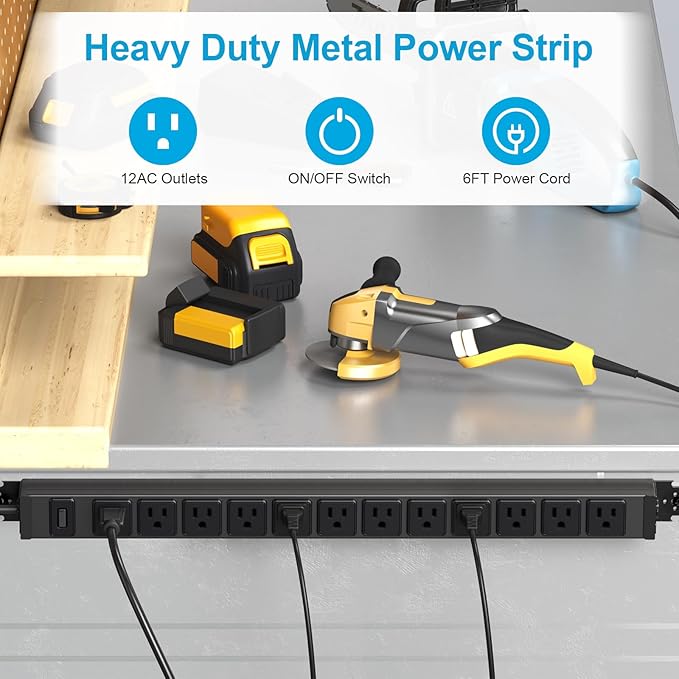 HHSOET 360° Rotating 12 Outlet Mountable Power Strip, Metal Gaming Table Mounted Outlet Strip, Heavy Duty Wall Mount Surge Protector with Switch, Works Great and Very Versatile, 6ft Power Cord.Black