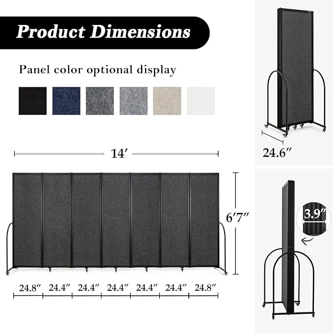Folding Room Partition,Privacy Room Screen with Arms,Office Dividers Partition Wall,14'3"L* 6'7"H,Dark Grey