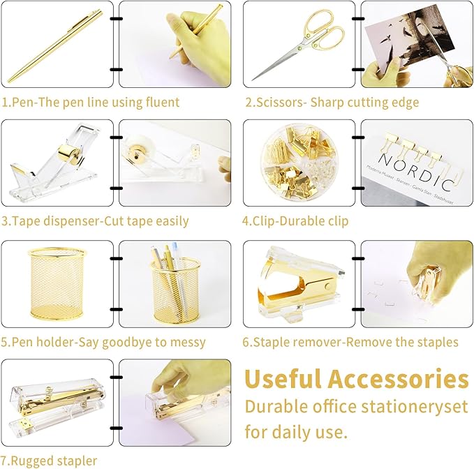 Gold Desk Accessories, Office Supplies Set with Acrylic Stapler, Tape Dispenser, Staple Remover, Pen Holder, Scissor, Binder Paper Clips, 1 Ballpoint Pen, 1 Clear Tape and 1000pcs Staples