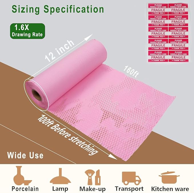 Honeycomb Packing Paper, 12" x 100' Packing Paper Substitute Alternative for Bubble Cushioning Wrap for Moving Shipping Packaging Mailing, Recyclable Moving Supplies Bubble Packing Wrap Roll-Pink