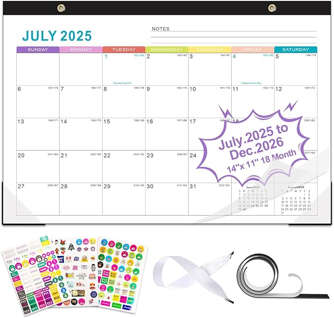 Gannyfer Calendar 2025-2026, Fridge Calendar Magnet, 18 Monthly Small Yearly Desk/Wall Calendar, July 2025 - Dec 2026, 14" x 11", with Plastic Cover Corner Protectors Hanging String, Organizers for Office, Home and School (3 Sticker)