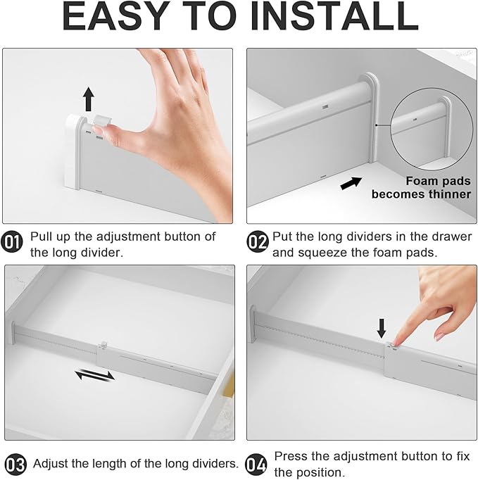 HiYZ Expandable Drawer Dividers - 12.6-22.8'' Adjustable Drawers Organizers for Kitchen Utensils, Drawer Separators in Bedroom, Dresser, Office, Bathroom, Fridge, 8 Pack Long Dividers-Gray