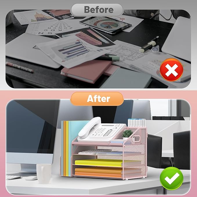 DocNest 4 Tier Paper Letter Tray File Organizer, Mesh Desk File with Handle, Workspace Desk Organizers with Pen Holder, Office Organization Storage Accessories - Pink