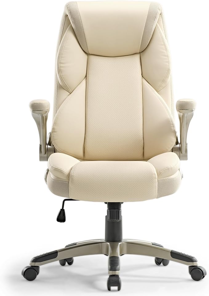 EUREKA ERGONOMIC Executive Office Chair Flip Up Arm Rest, Ergonomic Desk Chair Faux Leather Computer Chair, High Back Office Chair with Headrest, Home Office Desk Chairs with Wheels, Beige